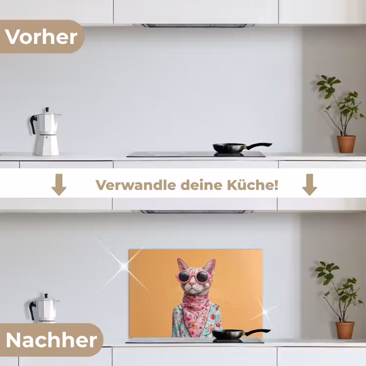 Zonnebril - Kat - Sjaal - Bloemen keuken achterwand spatscherm klein -voor_na_DE