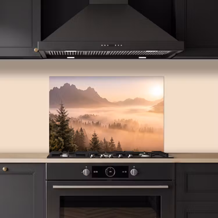 Zonlicht - Mist - Bergen - Bomen keuken achterwand spatscherm klein -sfeer1