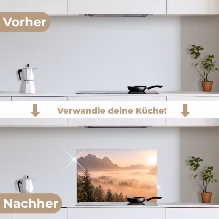 Zonlicht - Mist - Bergen - Bomen keuken achterwand spatscherm klein -voor_na_DE