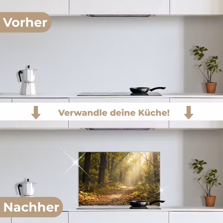 Zonlicht - Bospad - Bomen keuken achterwand spatscherm klein -voor_na_DE