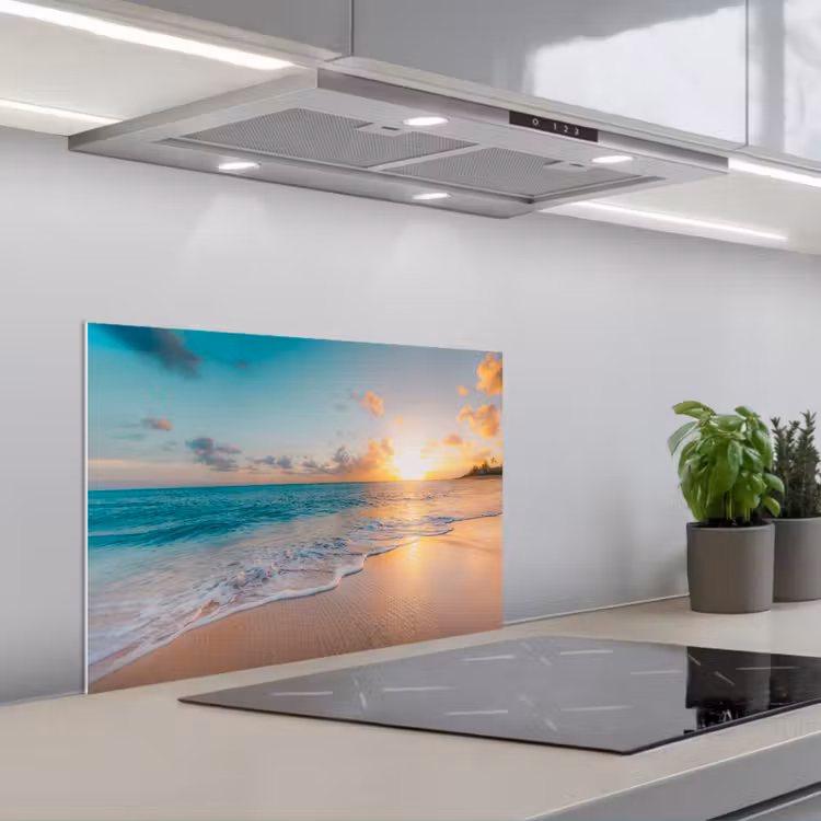 Zonsondergang - Strand - Zee - Zomer - Blauw keuken achterwand spatscherm klein -3d_schuin