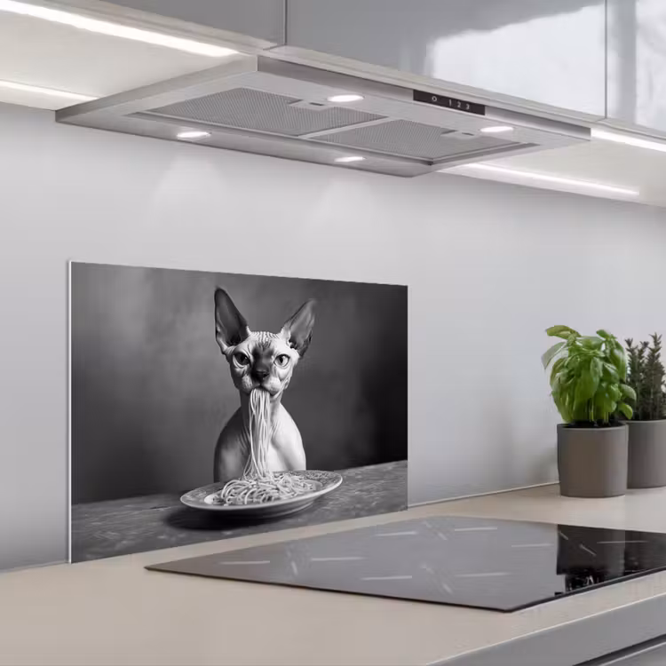 Sphynx - Kat - Dieren - Humor - Spaghetti - Zwart Wit keuken achterwand spatscherm klein -3d_schuin