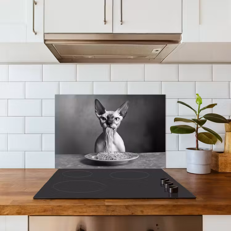 Sphynx - Kat - Dieren - Humor - Spaghetti - Zwart Wit keuken achterwand spatscherm klein -sfeer2