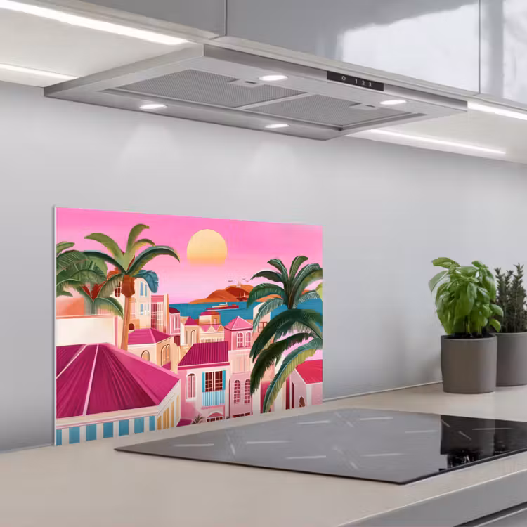 Stad - Roze - Palmbomen keuken achterwand spatscherm klein -3d_schuin