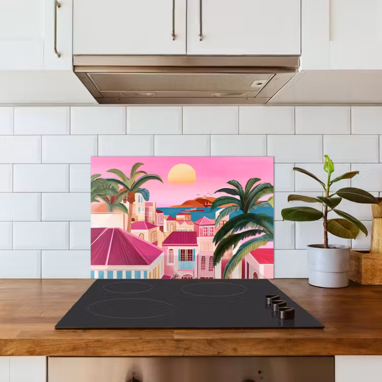 Stad - Roze - Palmbomen keuken achterwand spatscherm klein -sfeer2