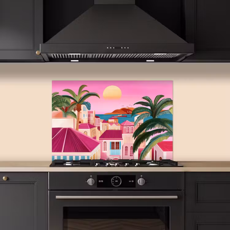 Stad - Roze - Palmbomen keuken achterwand spatscherm klein -sfeer1