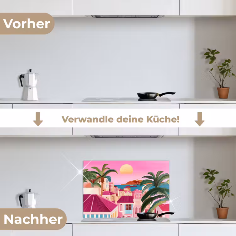 Stad - Roze - Palmbomen keuken achterwand spatscherm klein -voor_na_DE