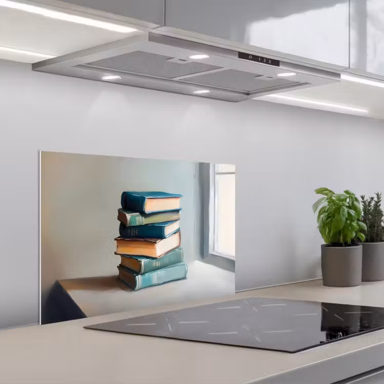 Stapel - Boeken - Groen - Daglicht keuken achterwand spatscherm klein -3d_schuin