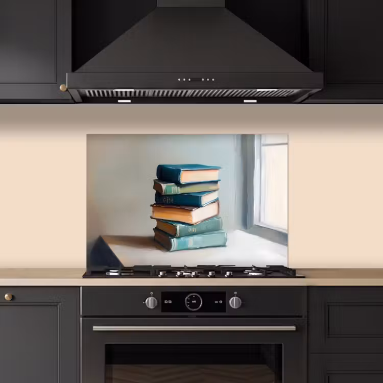 Stapel - Boeken - Groen - Daglicht keuken achterwand spatscherm klein -sfeer1