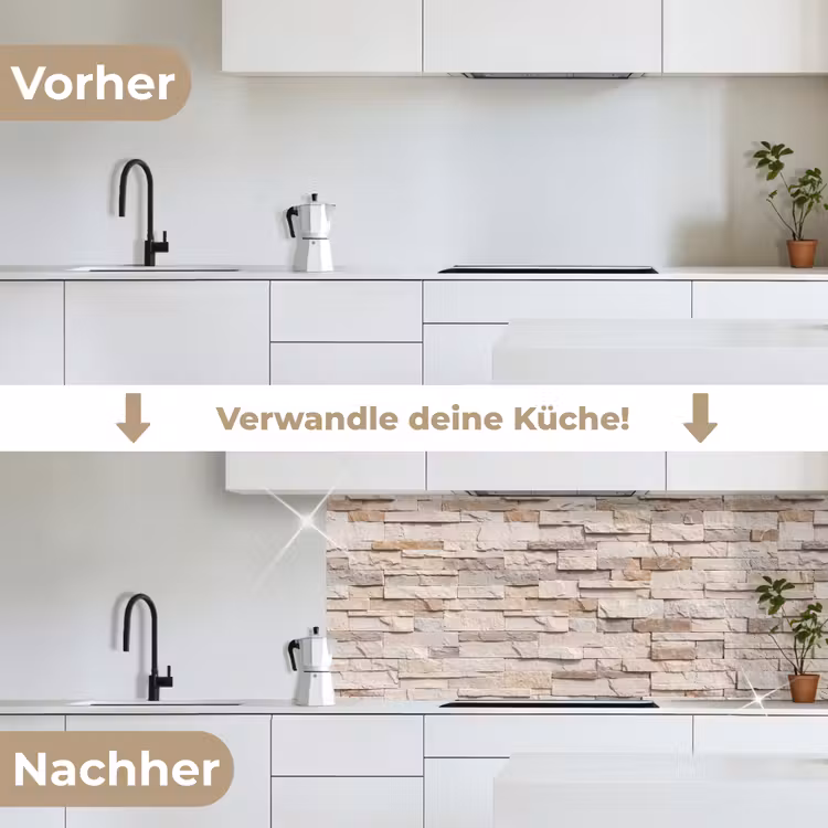 Steen - Muur - Textuur - Rustiek - Beige keuken achterwand 2 middel -voor-na_DE