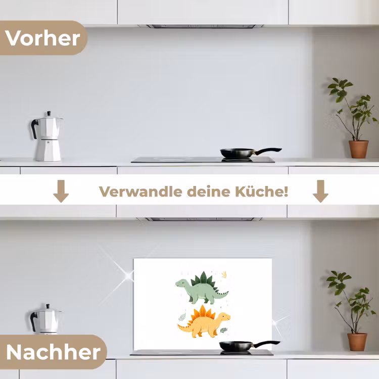 Sterren - Stegosaurussen - Blaadjes - Groen keuken achterwand spatscherm klein -voor_na_DE