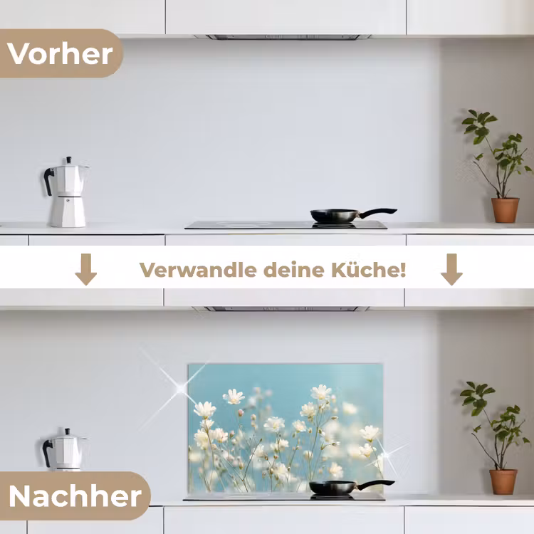 Stengels - Bloemen - Lucht - Wit keuken achterwand spatscherm klein -voor_na_DE