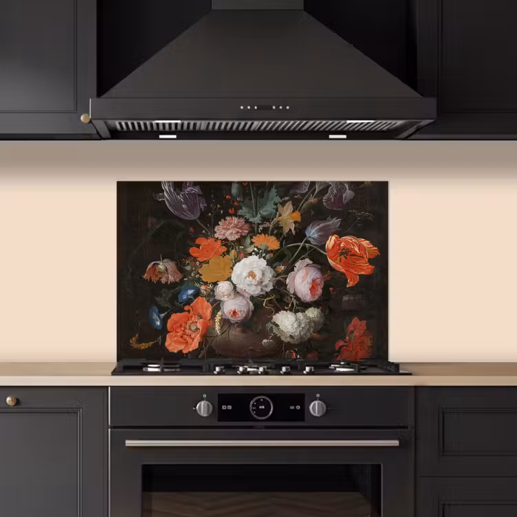 Stilleven met bloemen en een horloge - Schilderij van Abraham Mignon keuken achterwand spatscherm klein -sfeer1
