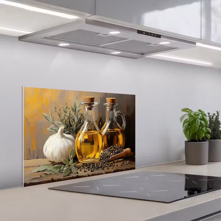 Stilleven - Olijfolie - Knoflook - Kruiden keuken achterwand spatscherm klein -3d_schuin