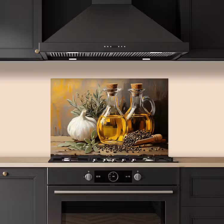 Stilleven - Olijfolie - Knoflook - Kruiden keuken achterwand spatscherm klein -sfeer1