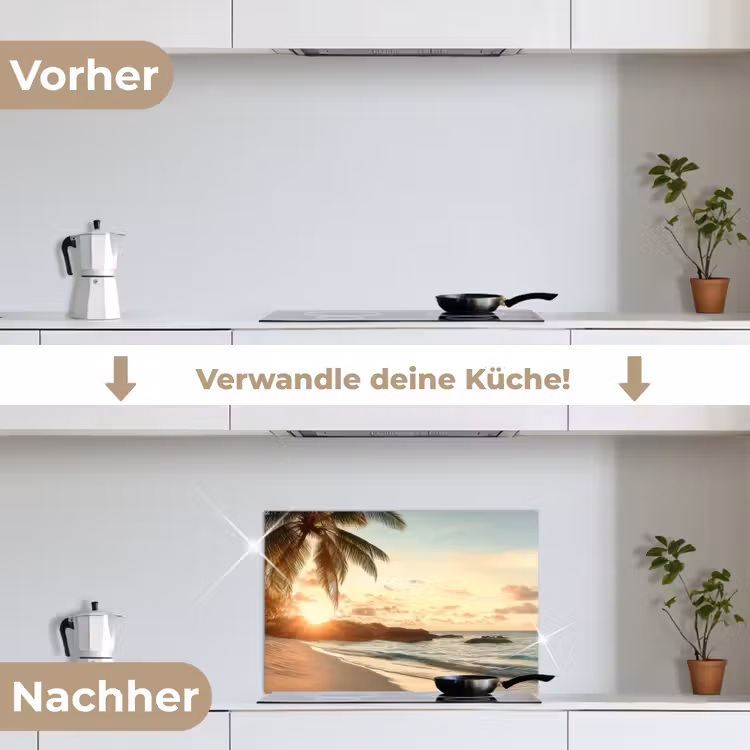 Strand - Palmbomen - Oceaan - Zonsondergang keuken achterwand spatscherm klein -voor_na_DE