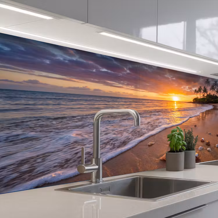 Strand - Zonsondergang - Palmbomen - Natuur - Oranje keuken achterwand 2 middel -3d_schuin