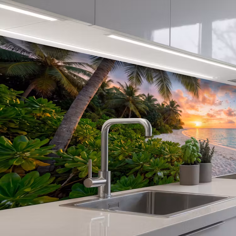 Strand - Zonsondergang - Palmbomen - Tropisch - Natuur keuken achterwand 2 middel -3d_schuin