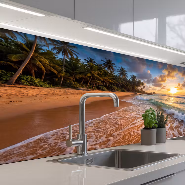 Strand - Zonsondergang - Golven - Natuur - Goud keuken achterwand 2 middel -3d_schuin