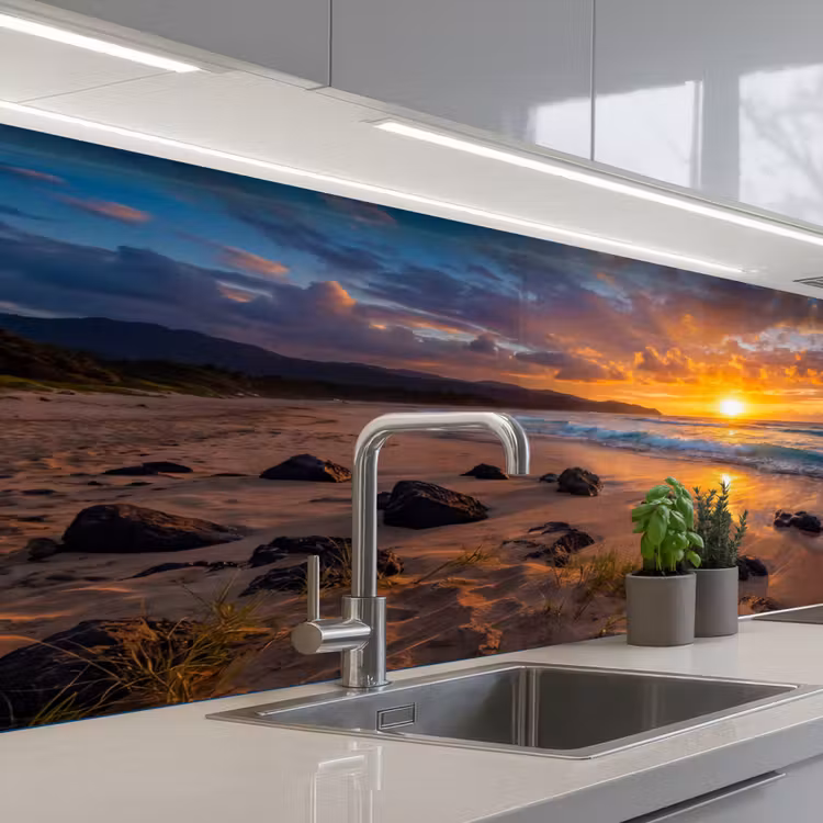 Strand - Zonsondergang - Golven - Natuur - Oranje keuken achterwand 2 middel -3d_schuin