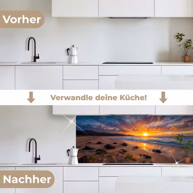 Strand - Zonsondergang - Golven - Natuur - Oranje keuken achterwand 2 middel -voor-na_DE