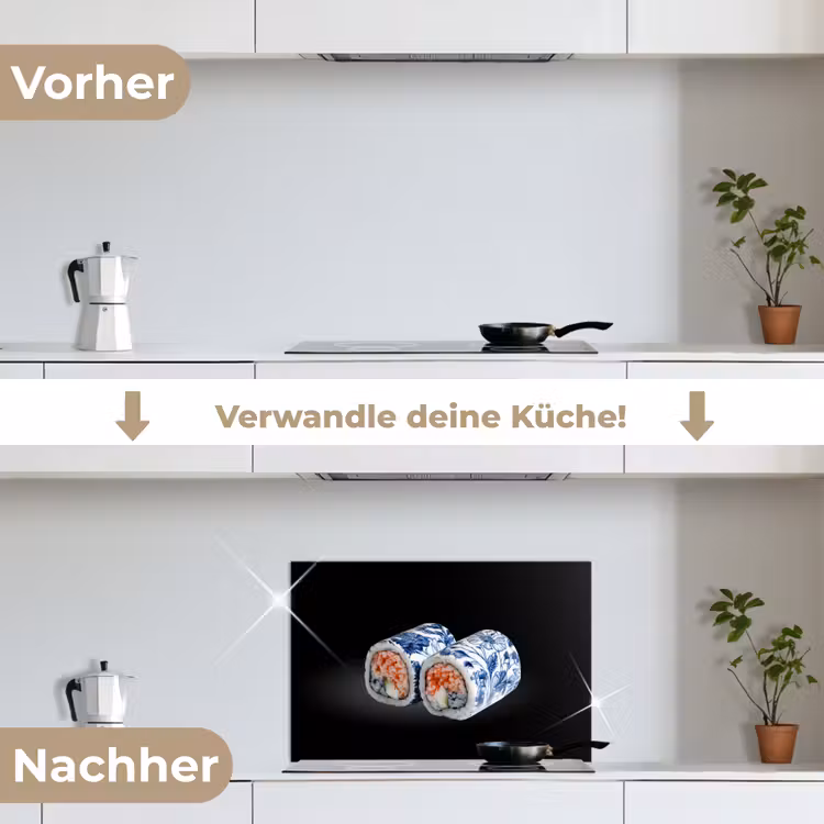 Sushi - Delfts blauw - Rijst - Vis - Elegant keuken achterwand spatscherm klein -voor_na_DE