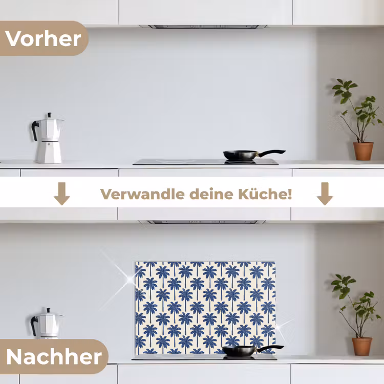 Symmetrisch - Palm - Blauw keuken achterwand spatscherm klein 900 -voor_na_DE