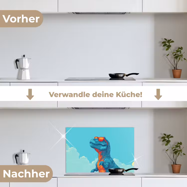 T-Rex - Blauw - Wolken - Zonnebril keuken achterwand spatscherm klein -voor_na_DE