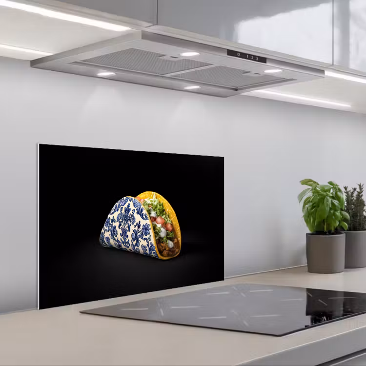 Taco - Vlees - Salade - Delftsblauw - Motief keuken achterwand spatscherm klein -3d_schuin