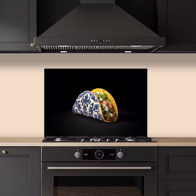 Taco - Vlees - Salade - Delftsblauw - Motief keuken achterwand spatscherm klein -sfeer1