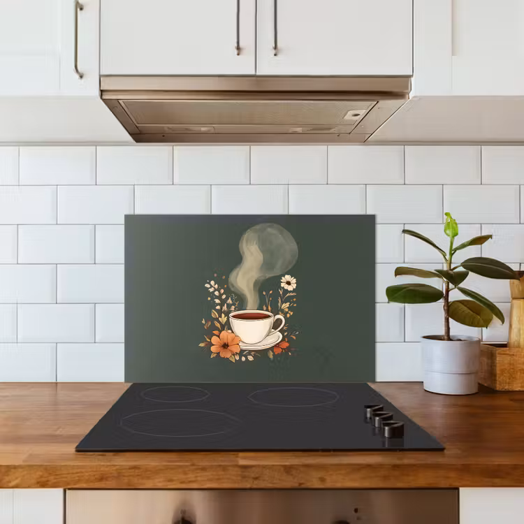 Kop - Bloemen - Groen - Koffie keuken achterwand spatscherm klein -sfeer2