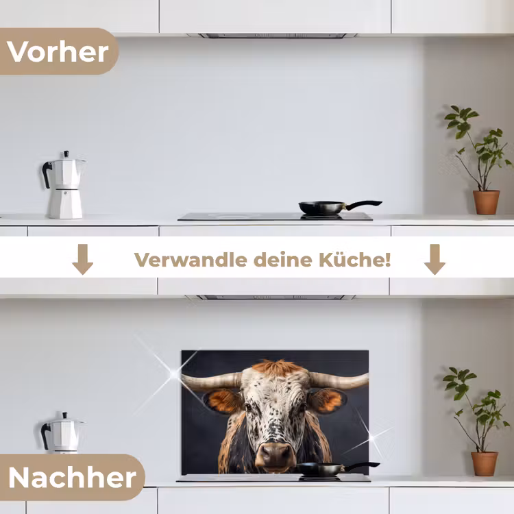 Stier - Kleurrijk - Hoorns keuken achterwand spatscherm klein -voor_na_DE