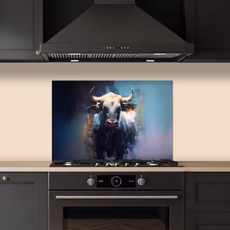 Stier - Zwart - Abstract - Horens keuken achterwand spatscherm klein -sfeer1