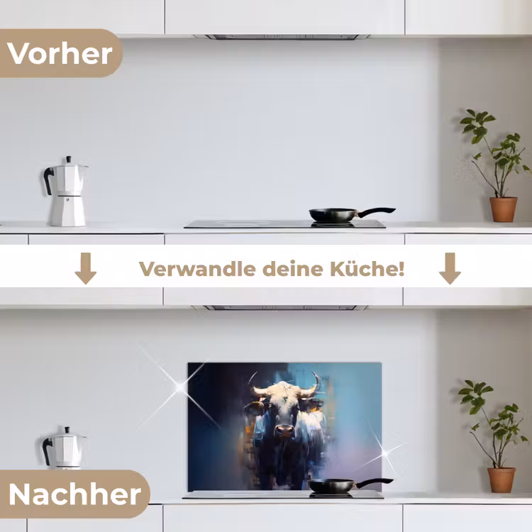 Stier - Zwart - Abstract - Horens keuken achterwand spatscherm klein -voor_na_DE