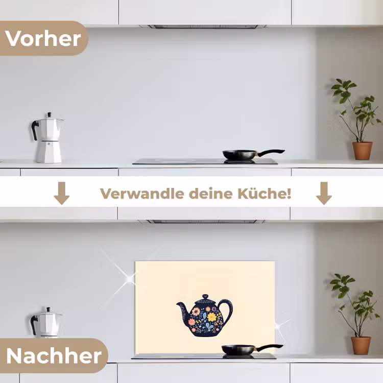 Theepot - Kleurrijk - Bloemen keuken achterwand spatscherm klein -voor_na_DE