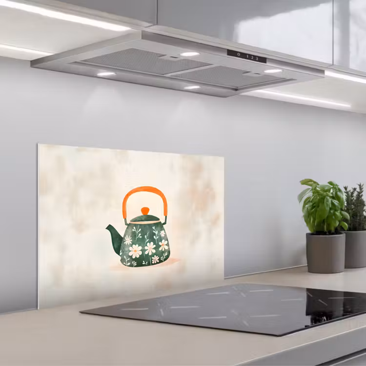 Theepot - Groen - Bloemen - Oranje keuken achterwand spatscherm klein -3d_schuin