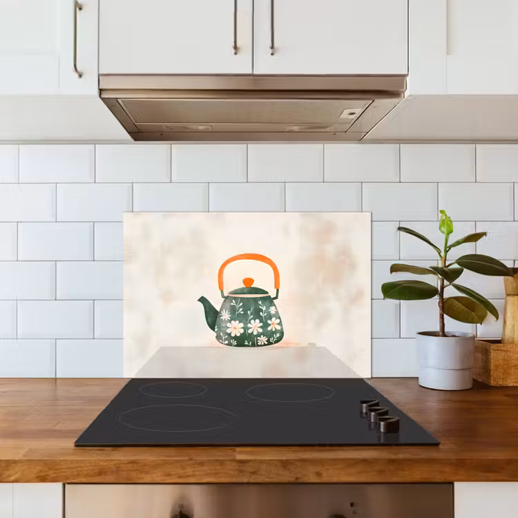 Theepot - Groen - Bloemen - Oranje keuken achterwand spatscherm klein -sfeer2