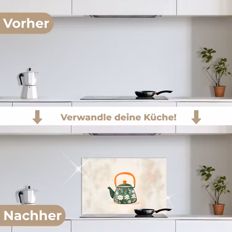 Theepot - Groen - Bloemen - Oranje keuken achterwand spatscherm klein -voor_na_DE