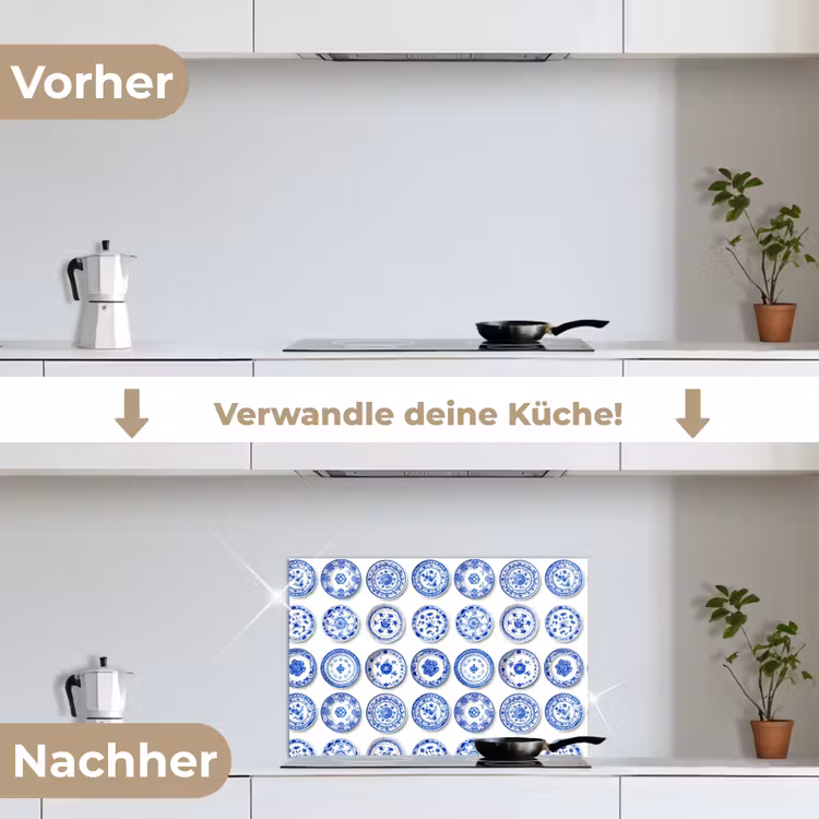 Borden - Bloemen - Patroon - Blauw keuken achterwand spatscherm klein 900 -voor_na_DE