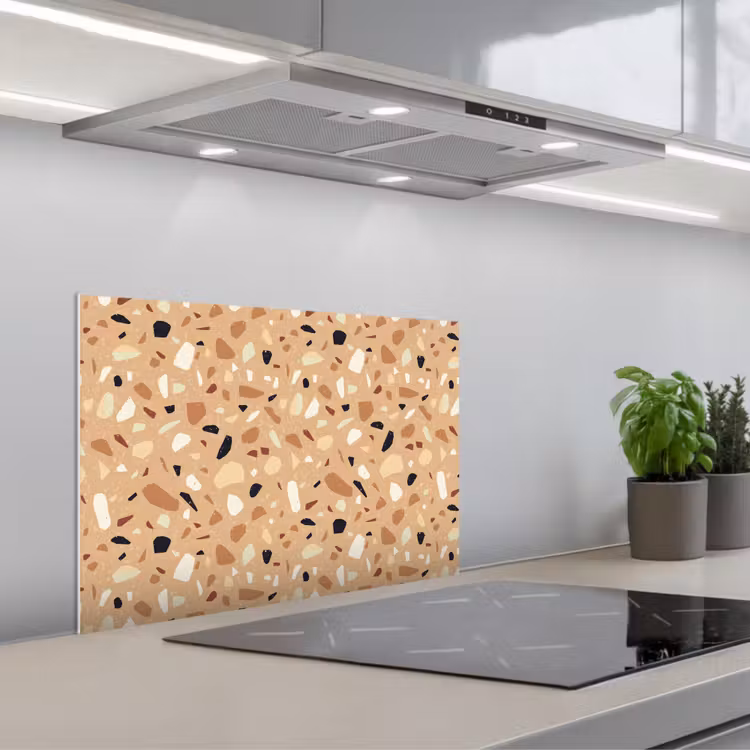 Terrazzo - Patroon - Kleurrijk - Oranje keuken achterwand spatscherm klein 900 -3d_schuin