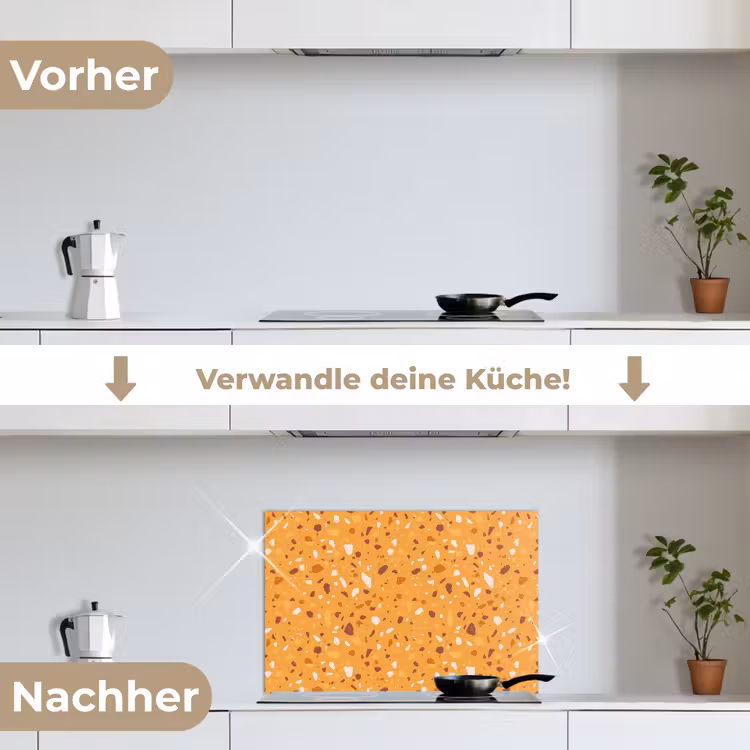 Terrazzo - Patroon - Okergeel keuken achterwand spatscherm klein 900 -voor_na_DE