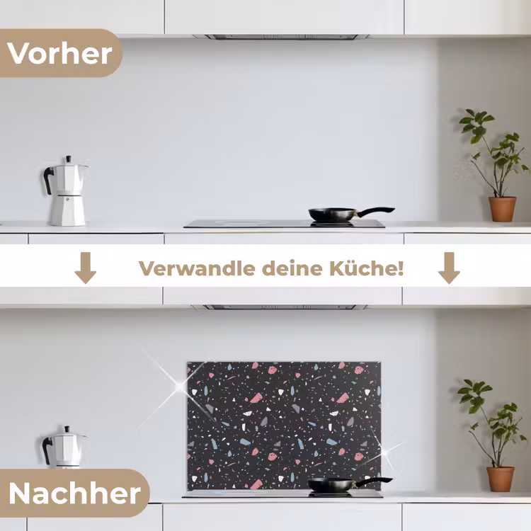 Terrazzo - Patroon - Zwart - Zacht keuken achterwand spatscherm klein 900 -voor_na_DE