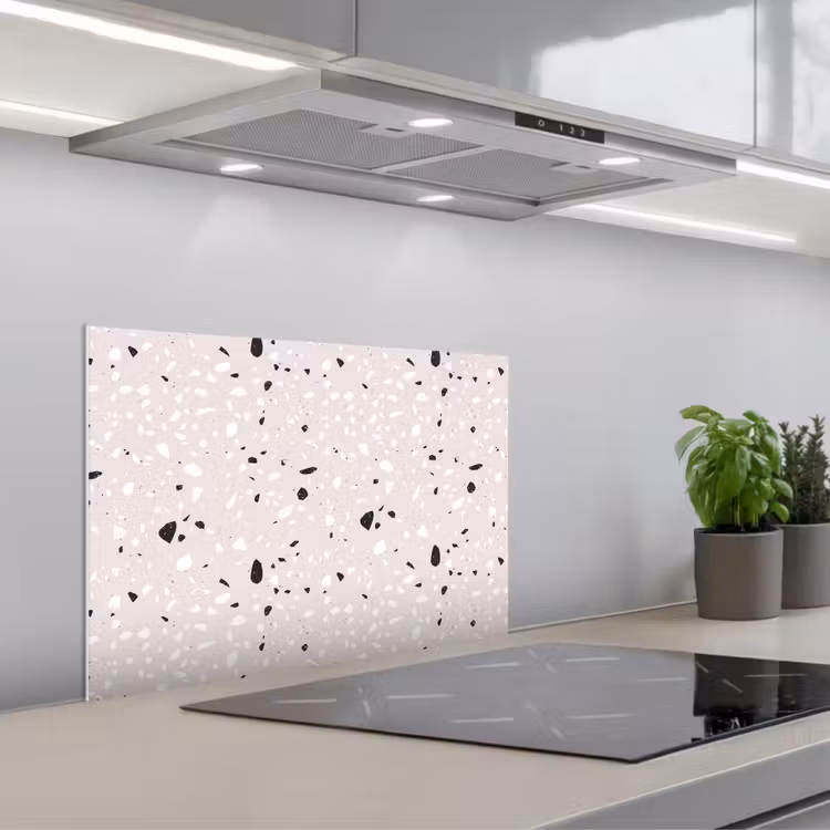 Terrazzo - Patroon - Zacht - Zwart - Wit keuken achterwand spatscherm klein 900 -3d_schuin
