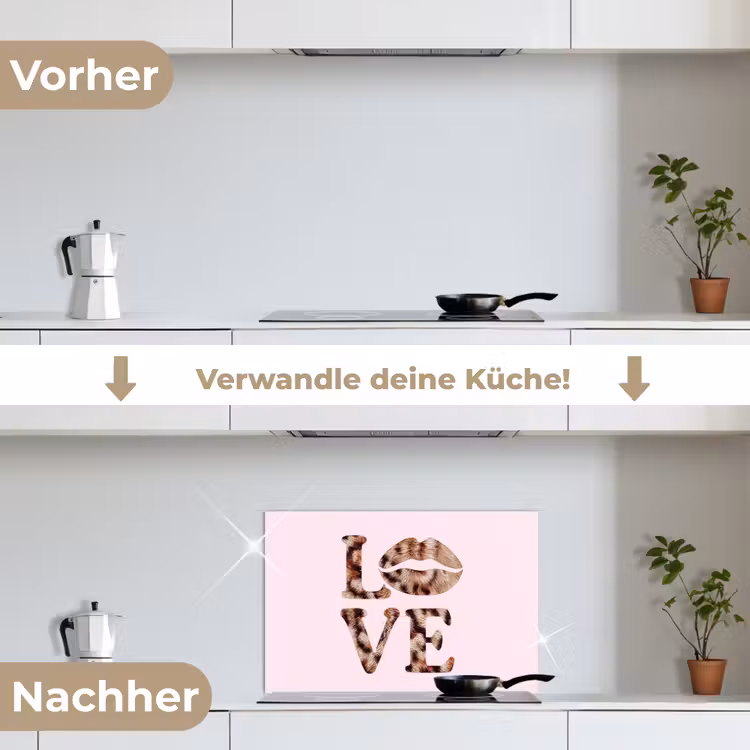 Tekst - Love - Pantervacht - Lichtroze keuken achterwand spatscherm klein -voor_na_DE