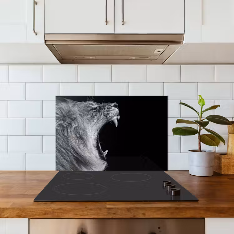 Dieren - Leeuw - Zwart - Wit - Portret keuken achterwand spatscherm klein -sfeer2