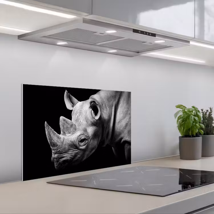 Dieren - Neushoorn - Zwart - Wit - Portret keuken achterwand spatscherm klein -3d_schuin