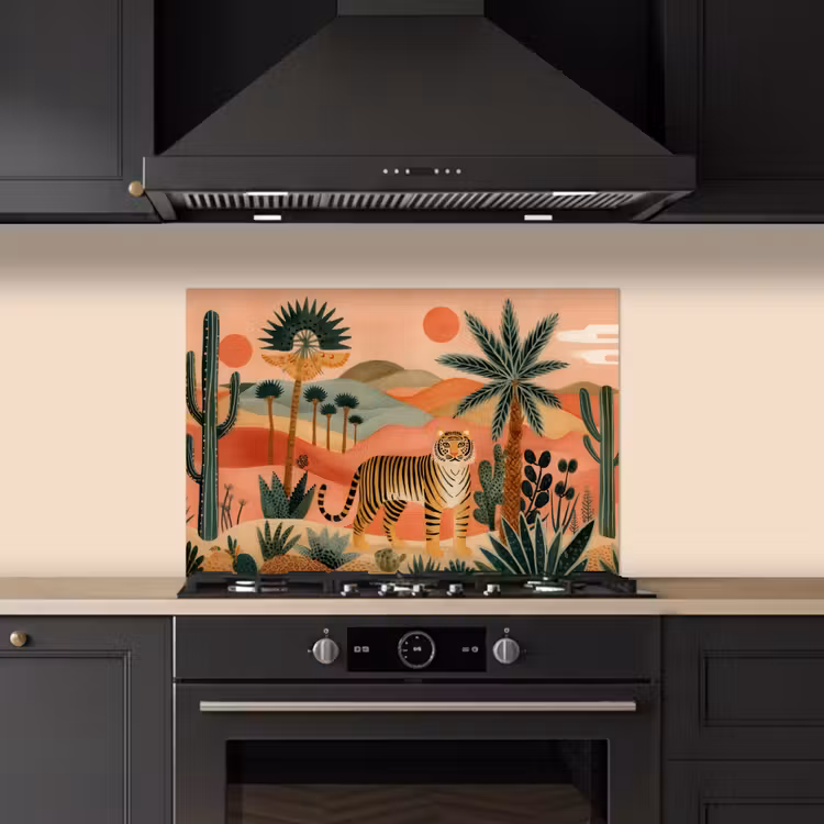 Tijger - Palmen - Cactus - Oranje keuken achterwand spatscherm klein -sfeer1