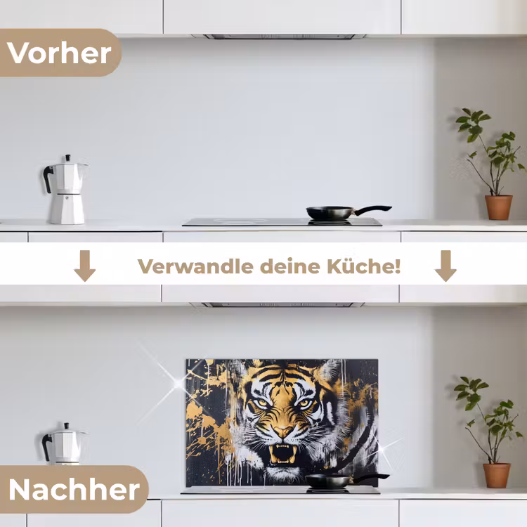Tijger - Verfspatten - Goud keuken achterwand spatscherm klein -voor_na_DE
