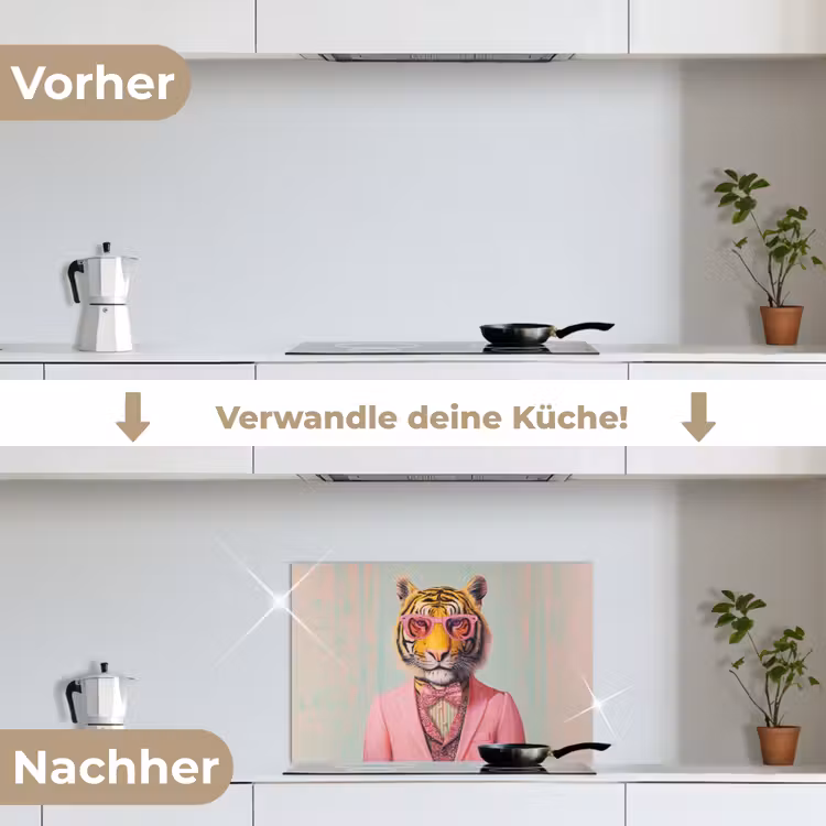 Tijger - Strik - Jasje - Roze keuken achterwand spatscherm klein -voor_na_DE