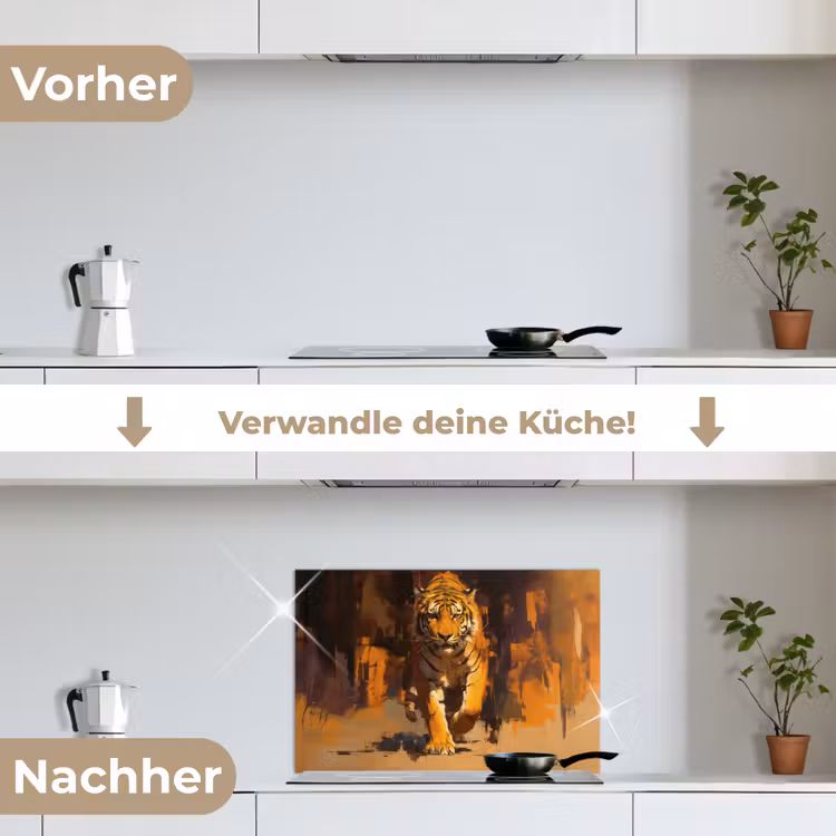 Tijger - Geschilderd - Oranje - Penseelstreken keuken achterwand spatscherm klein -voor_na_DE